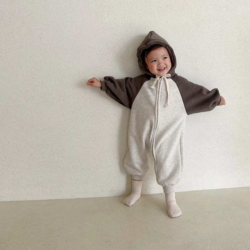 2024 Korea Baby Bodysuits Romper Toddler Baby Girls Boys Jumpsuit Spring Autumn Hooded Jumpsuit Casual Loose Crawling Suit