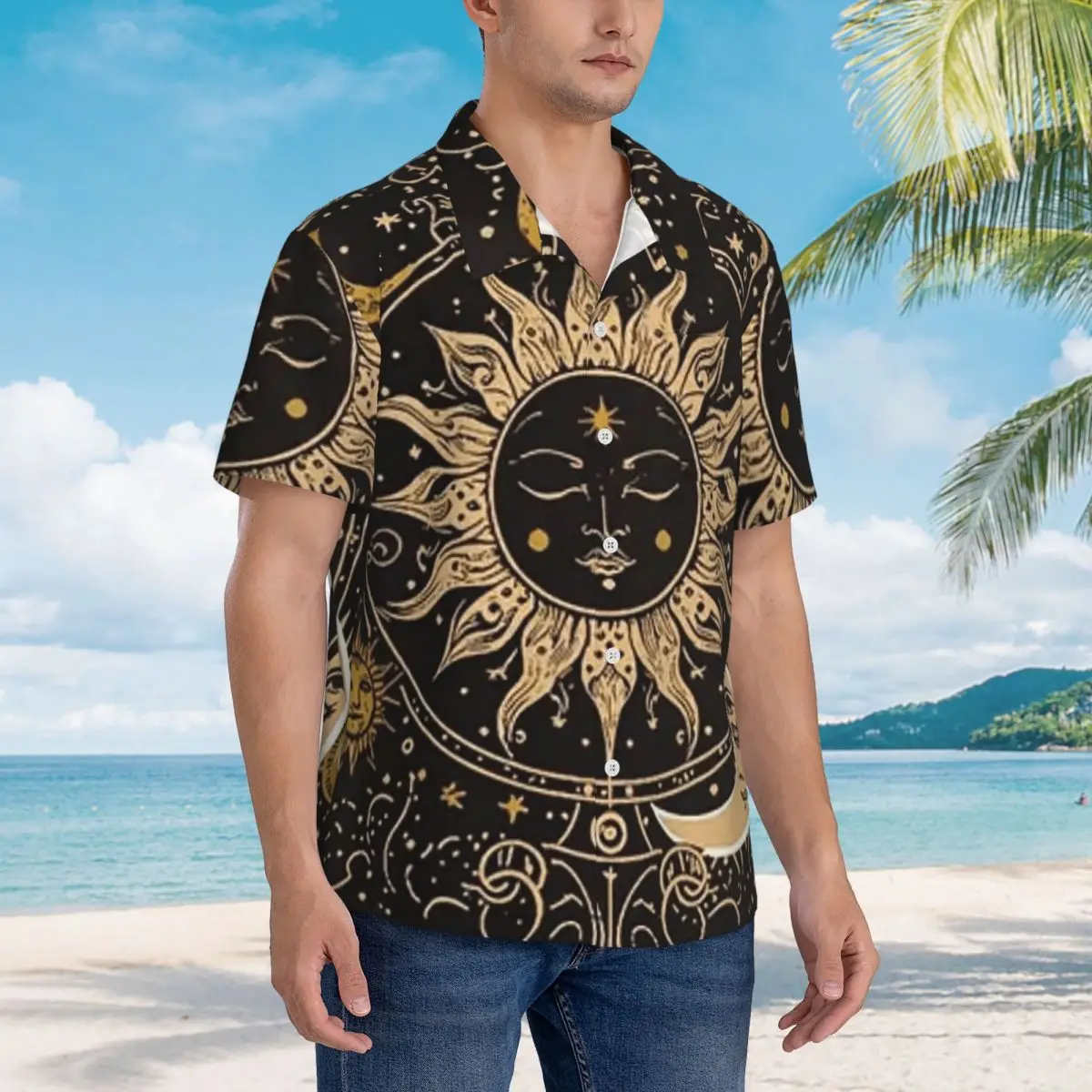 

Boho Golden Crescent Moon And Sun Witch Hawaiian Shirts Casual Men Short Sleeve Shirt for Summer Beach Men's Lapel Tops