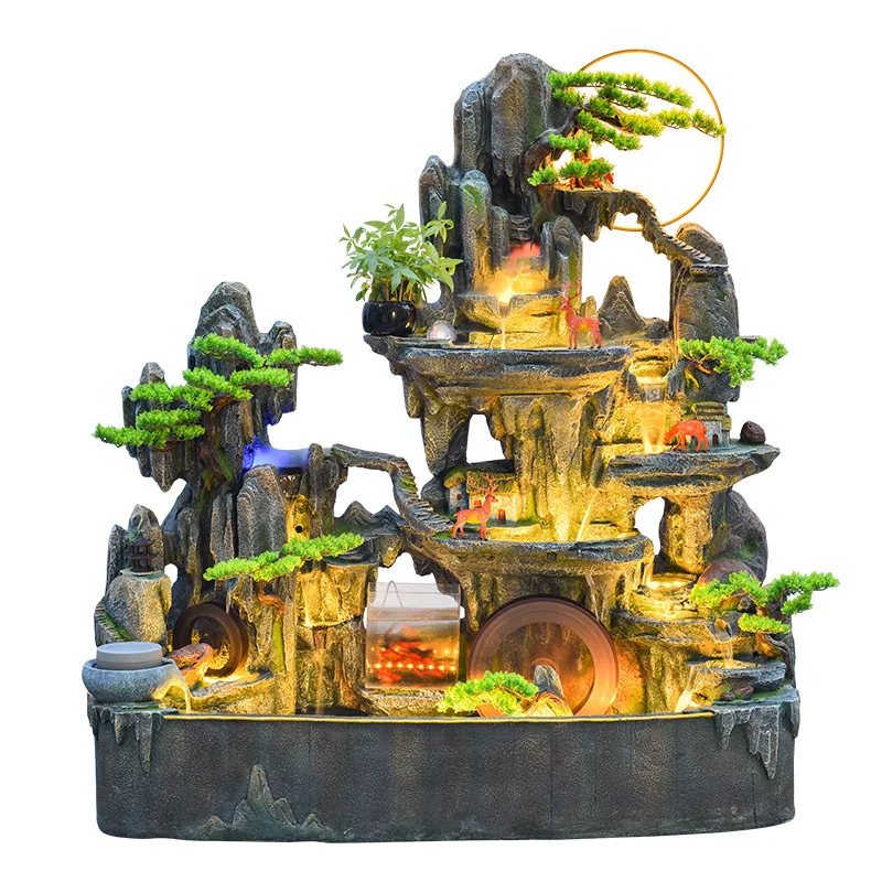 Large rockery, flowing water fountain, outdoor courtyard, fish pond, artificial landscape, circulating water waterfall