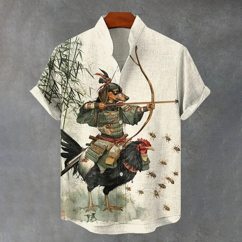 

Men Clothes Men's Dachshund Warrior Rides Cock And Shoots Bees Art Print Casual Shirt Vintage Short Sleeve Stand Collar Chic Top