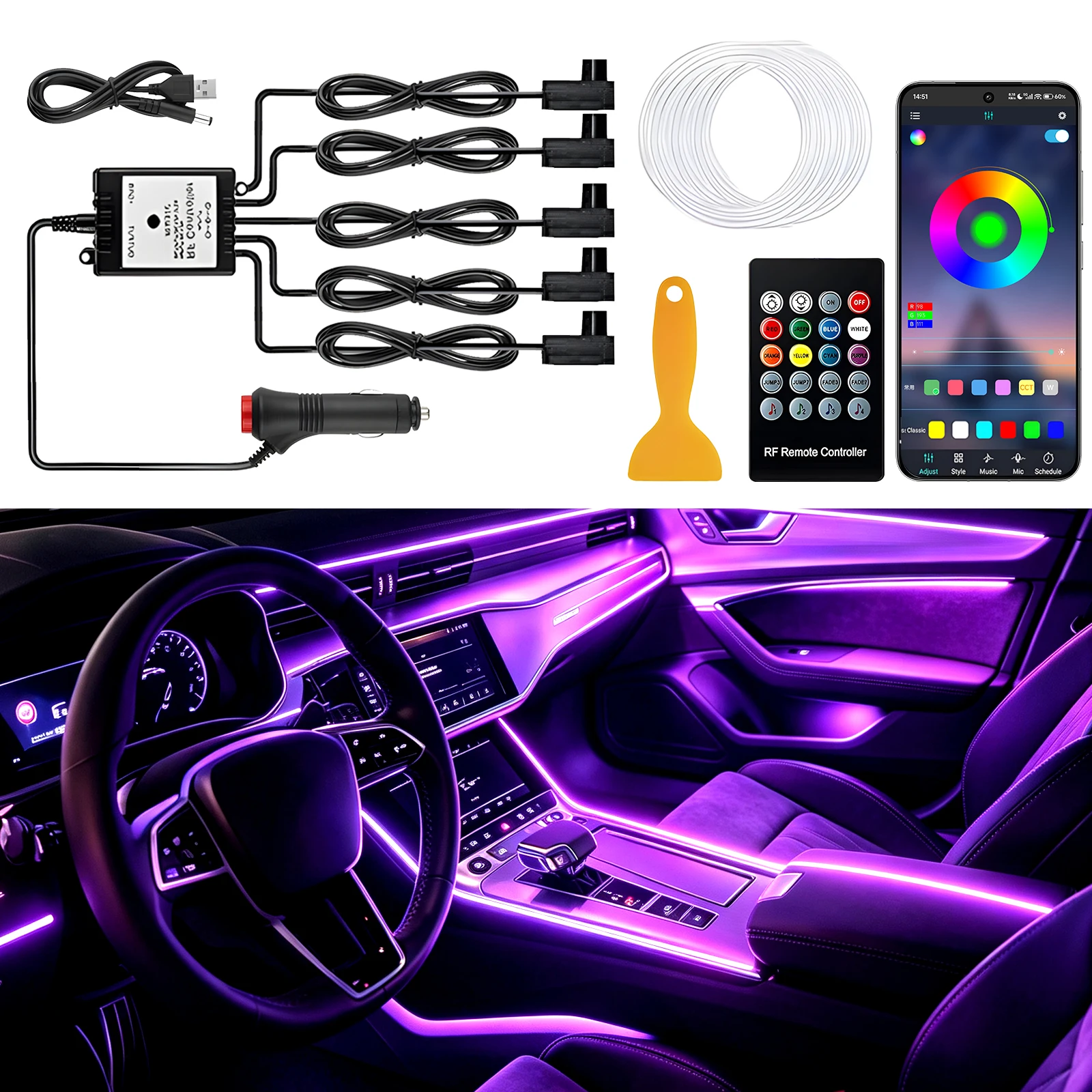 6IN1 8m Car Interior RGB Fiber Optic Ambient Light Kits APP Remote Control Music Sync Neon Strip Light 12V Car Decoration Lamp