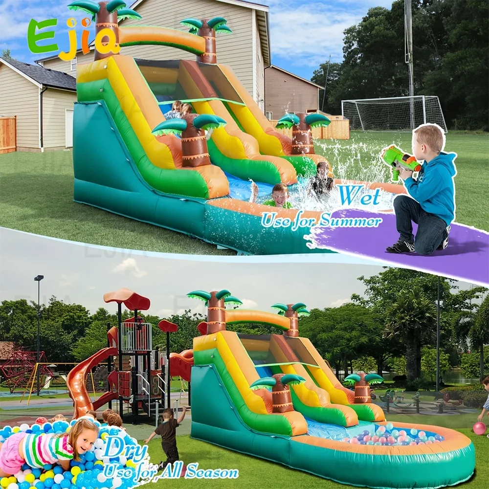 Inflatable Water Slide with Big Pool - 100% Commercial PVC  Wet Dry Use Water Double Slide Bubble Ball Pit For Kids Adult  Party