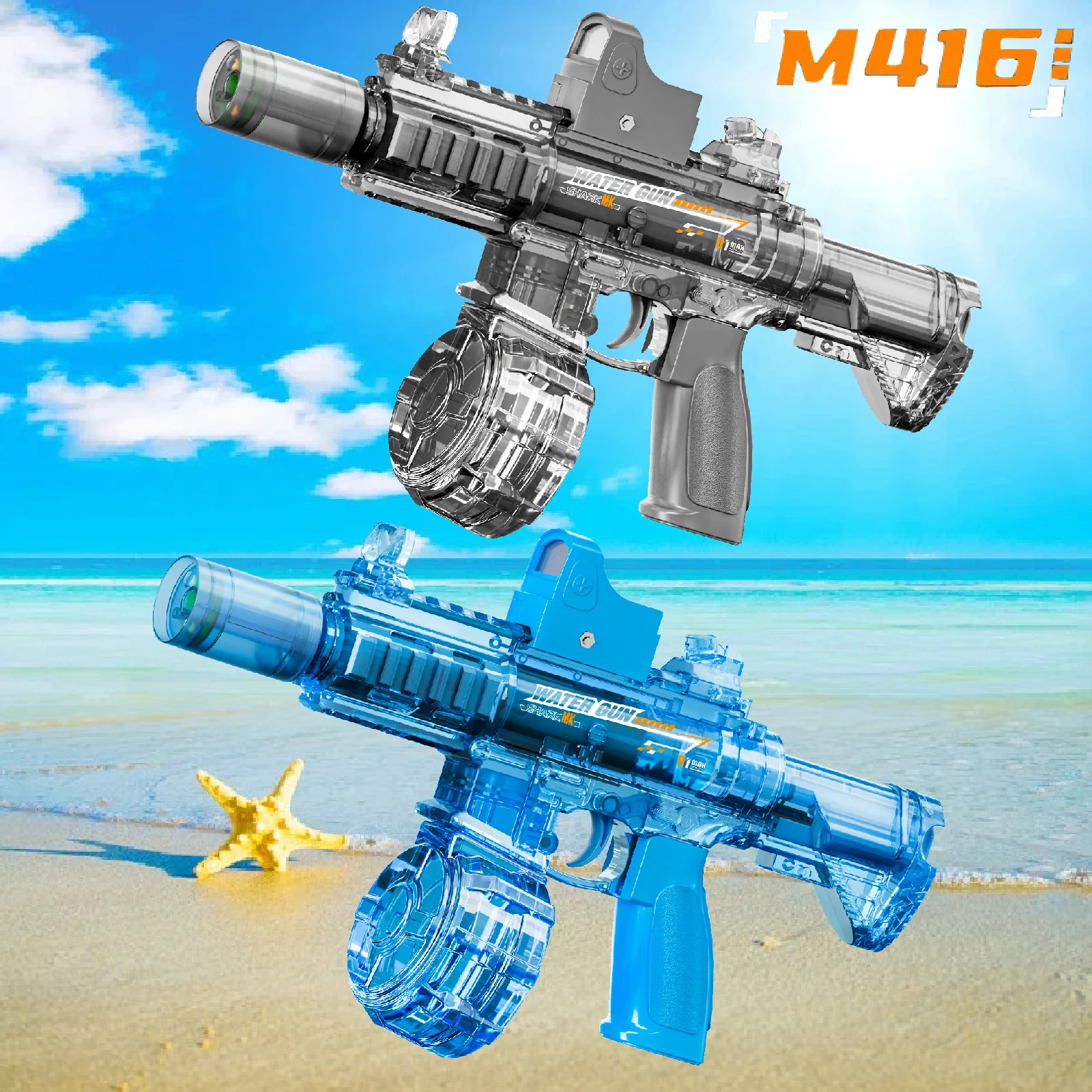 M416 Water Gun with LED lights Sprays Flame Effect Continuously High-pressure High-speed Powerful Outdoor Electric Water Gun Toy