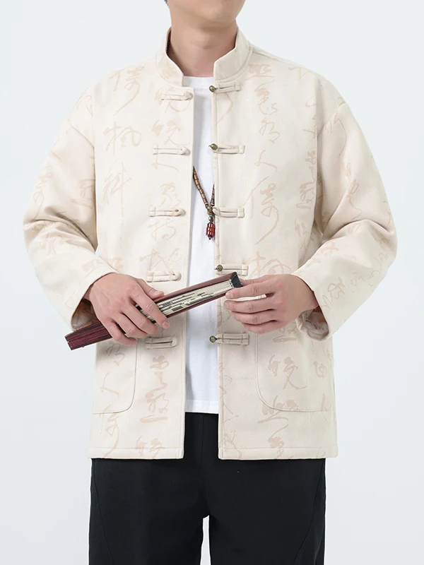 

New Chinese Sle Men's Suede Jaet Autumn Winter Faion Brand Copper Button Tang Suit Coat Embroidered Text Pattern