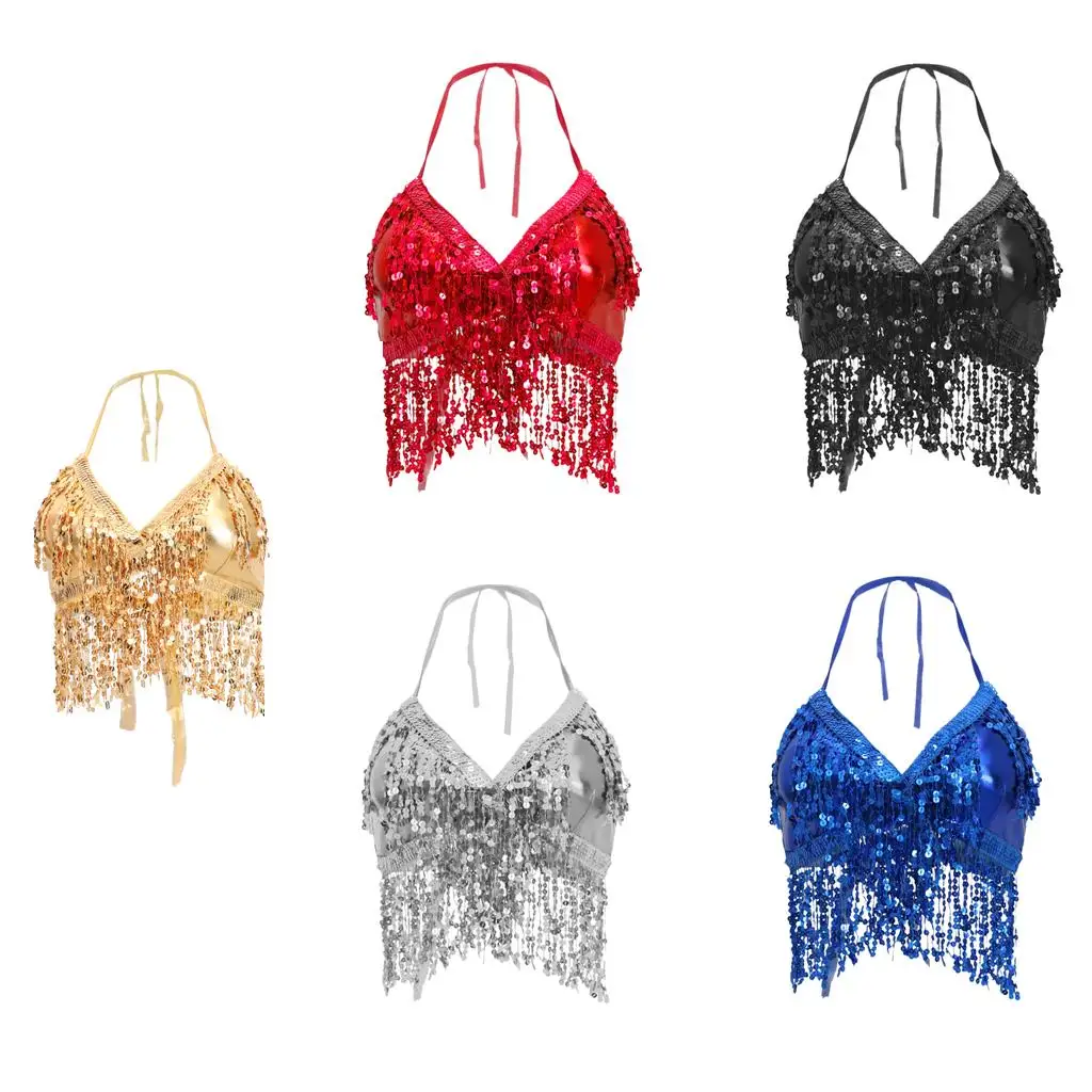 Belly Dance Costume Bra Sequin Fringe Halter Top Padded Bra for Bollywood Festival Performance Cosplay Accessory Women