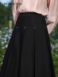 I BELIEVE YOU Black High-waisted Pleated Skirts For Women 2024 Spring New Midi A-line Solid Skirt Foreign Temperament 2241025567