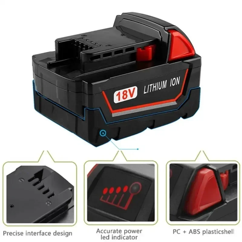 For Milwaukee M18 Power Tool Battery, Charger, 18V 6000mAh, BR, XC, 18V,  M18B5, 48-11-1860, Built-in 18650 Battery