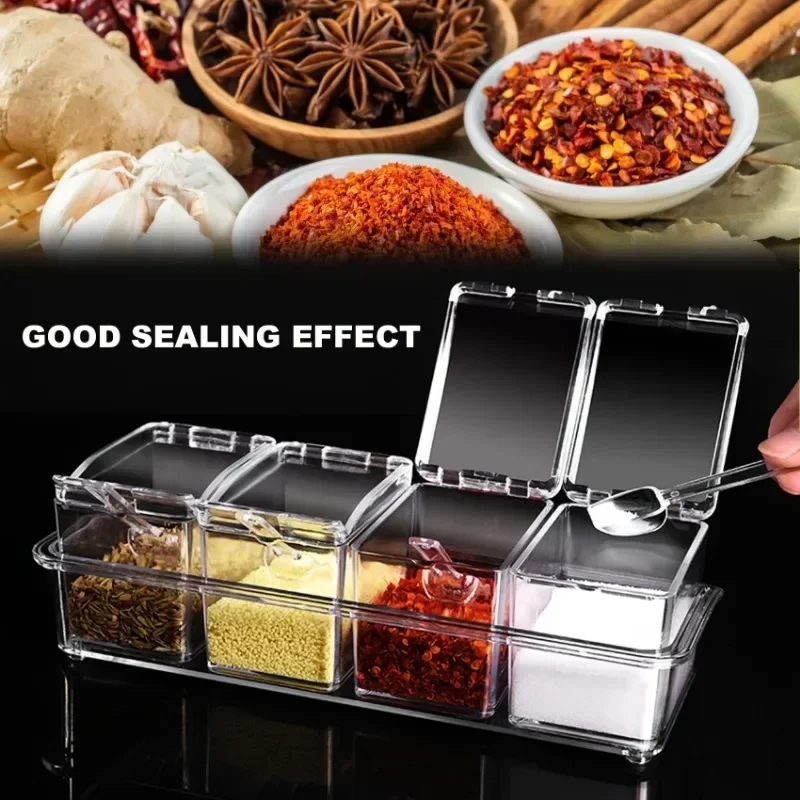 Four-compartment Seasoning Box Clear Plastic Spice Salt Spoon Box Transparent Salt Sugar Spice Container Kitchen Storage Case