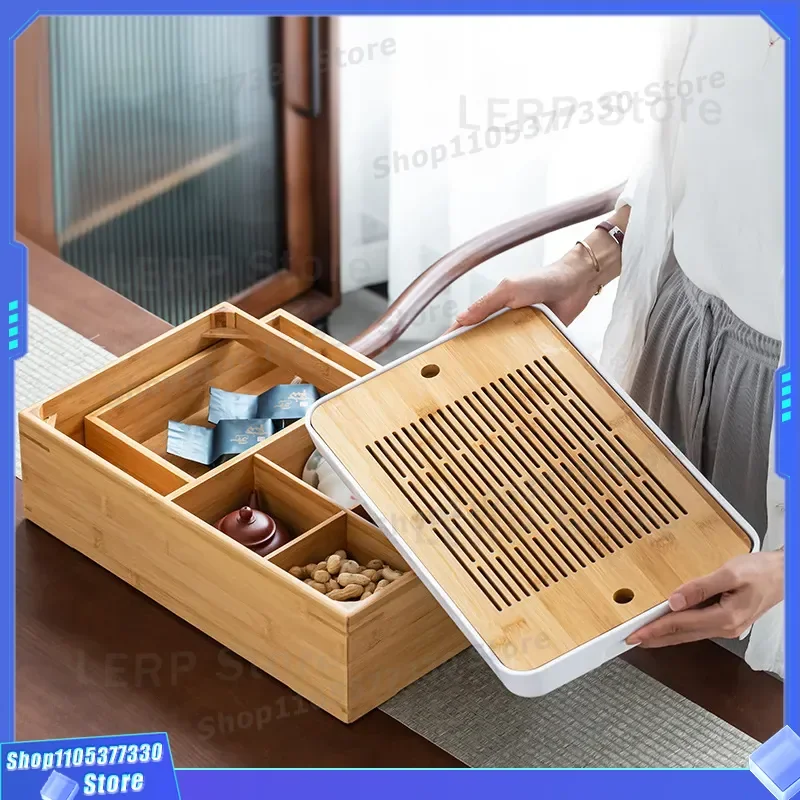 Japanese Style Bamboo Tea Tray Set with Water Storage Box for Kung Fu Tea Ceremony Household Simple Multi-functional Tea