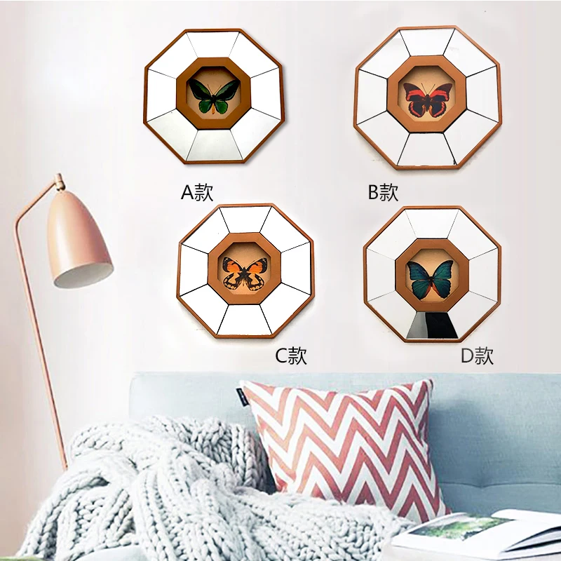 Nordic style octagonal mirror convex butterfly pattern hanging mirror