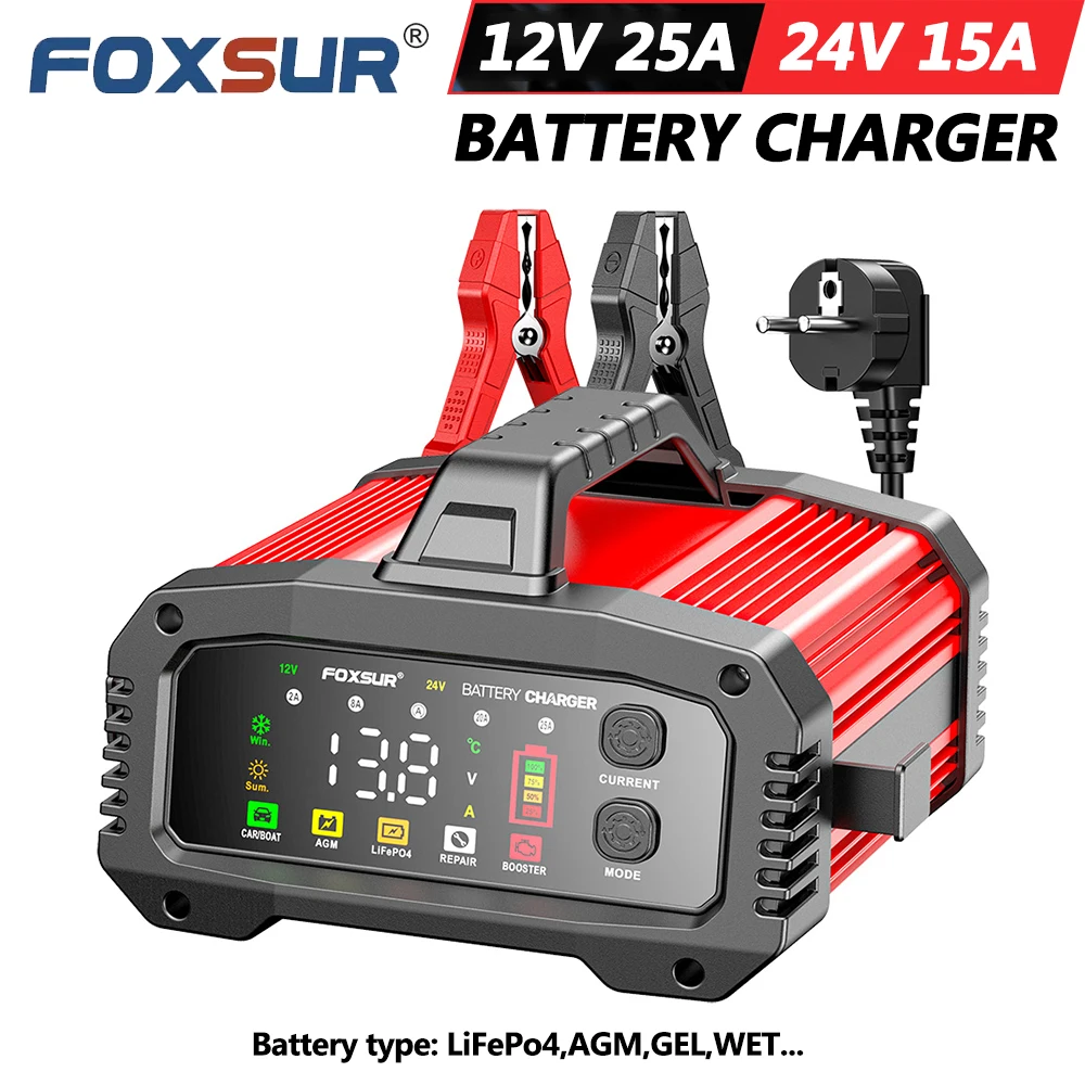 

FOXSUR 12V 25A 24V 15A FPT-250 Car Battery Charger High-power Lead-acid LiFePo4 GEL AGM for Motorcycles with Booster Function