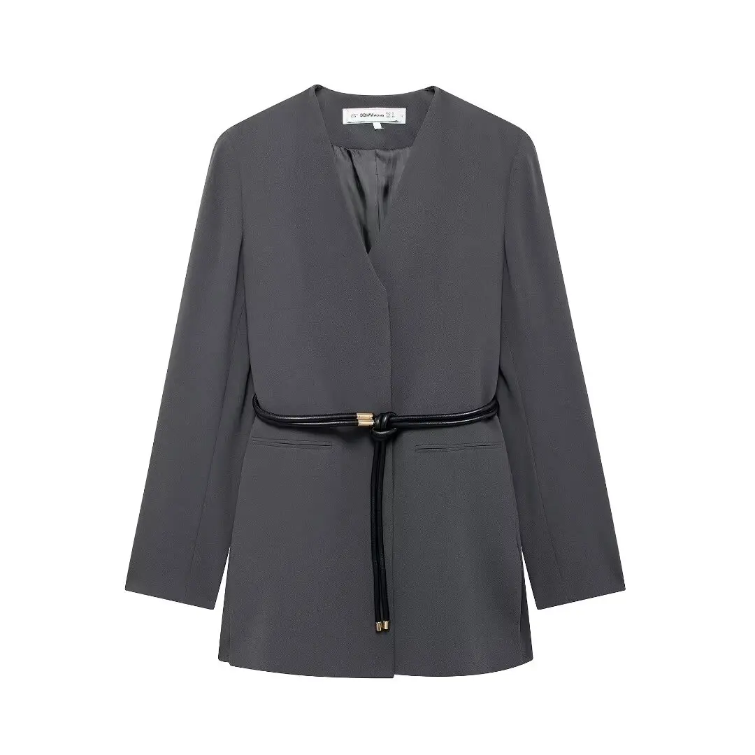 DUOPERI Women Solid Blazer With Belt V-Neck Long Sleeves Female Chic Lady Casual Outfits