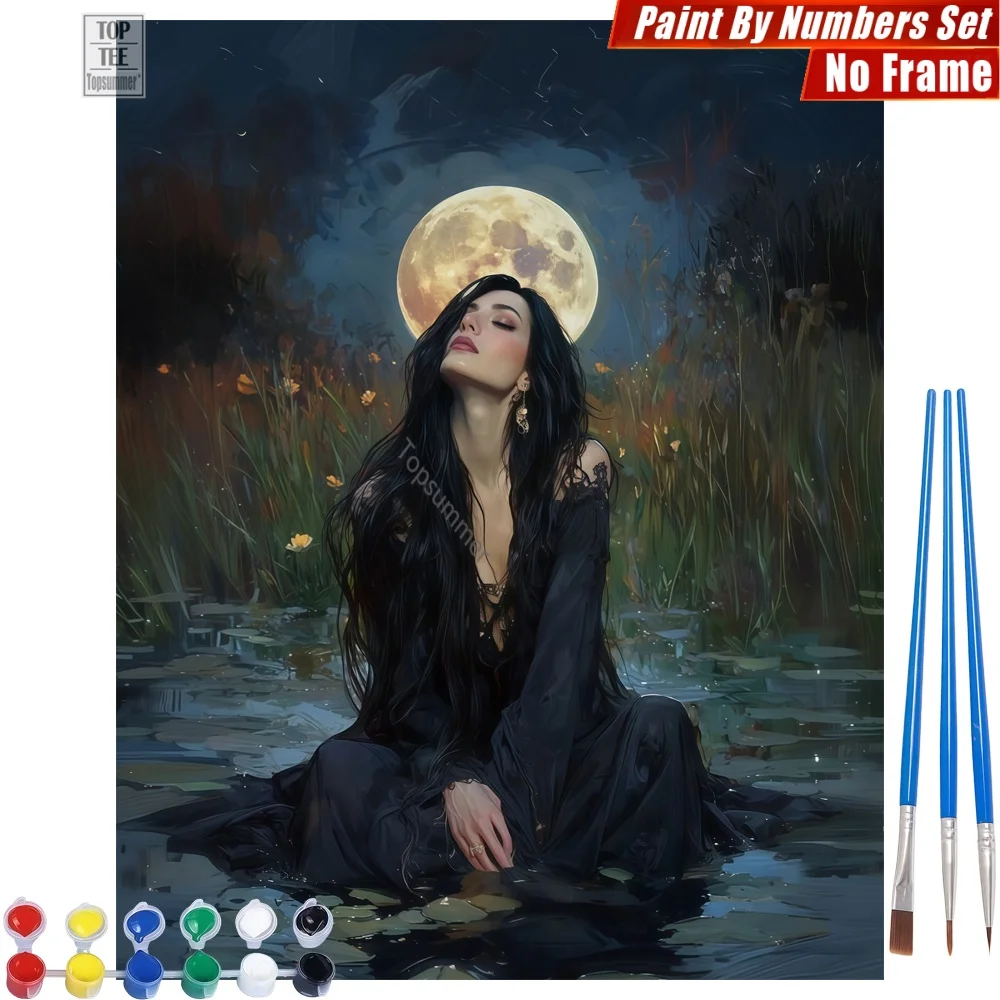 Black Haired Woman DIY Digital Oil Painting Set - Woman Pond Moonlight Room Decor Father'S Day Gift For Dad
