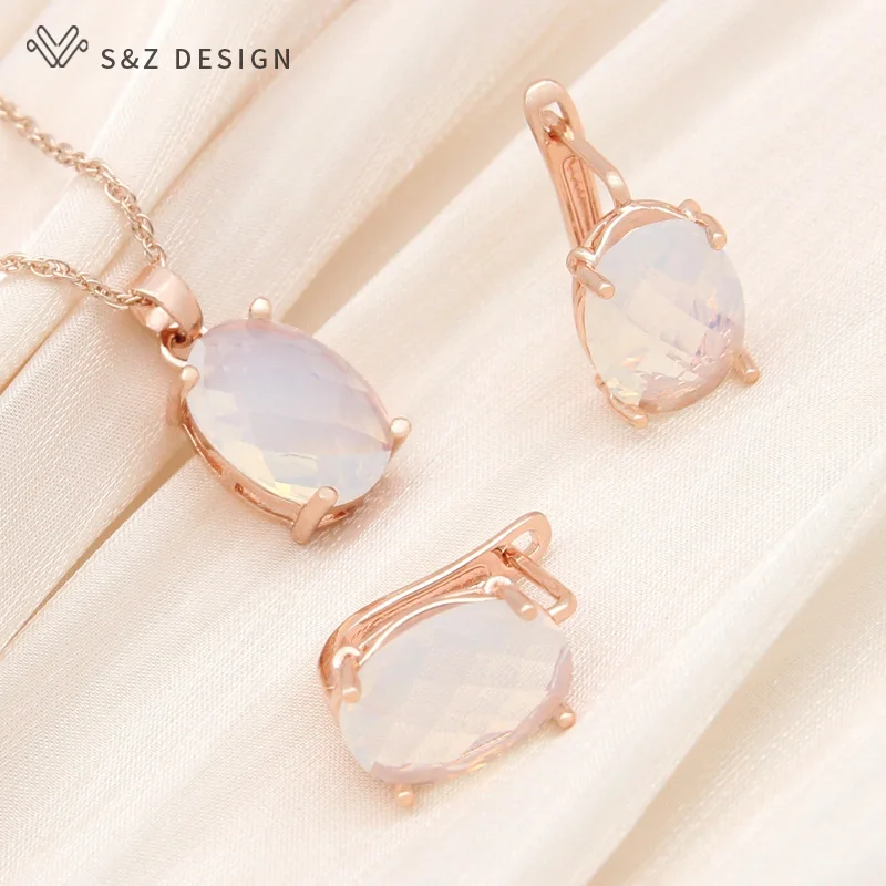 S&Z DESIGN New Oval Egg Shape Crystal Rose Gold Color Dangle Earrings Jewelry Sets For Women Wedding Fashion Pendant Necklace