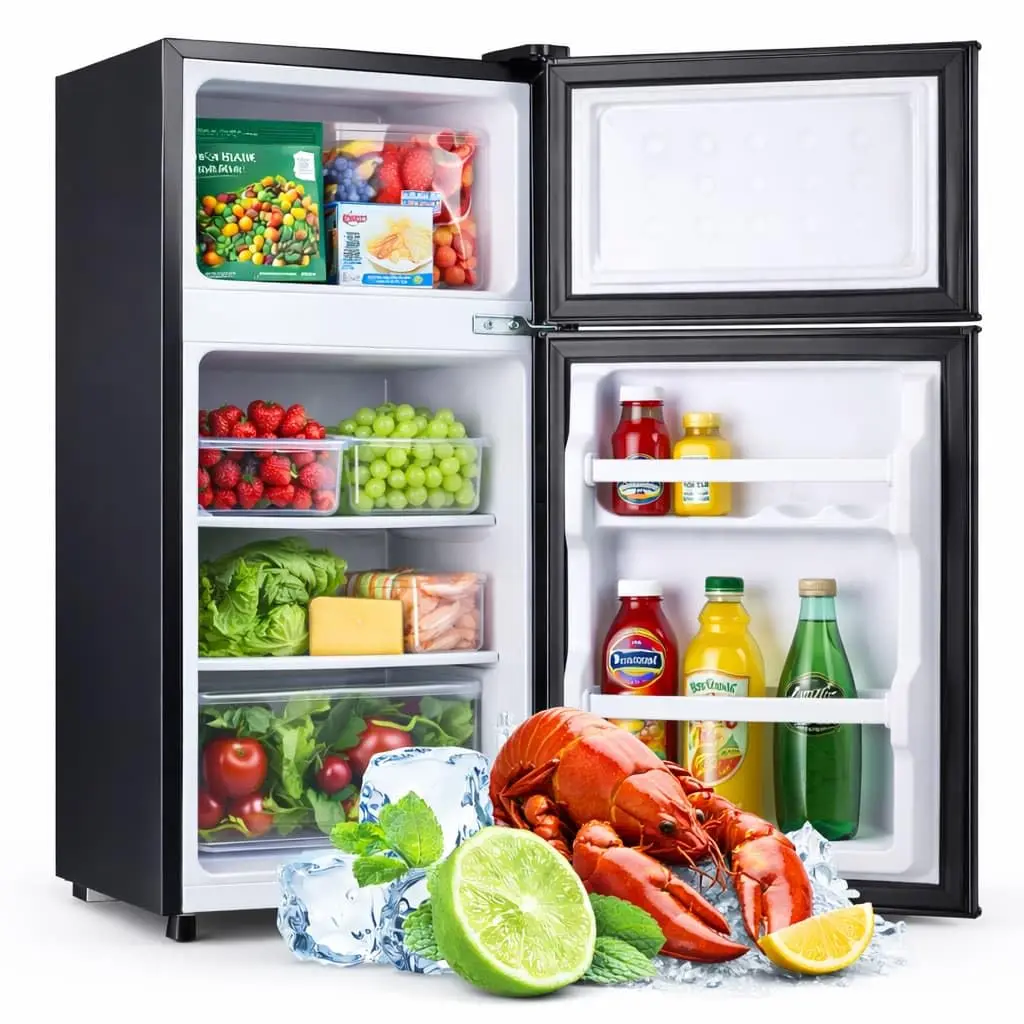 3.6 Cu.Ft Mini Fridge Freezer 2-Door Quiet 38dB 6-Level Thermostat Adjustable Shelves Lockable for Dorm Office, Customized
