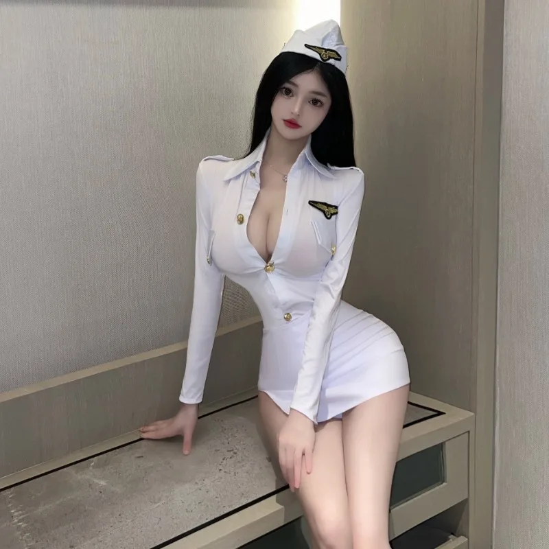 Conjunto de uniforme de noche Sexual para mujer, traje de asistente de vuelo seductor, falda Sexy Porno Dessous, Cosplay, lencería de Anime