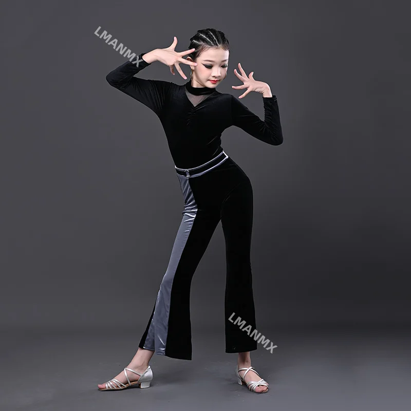 2024 novas roupas de dança latina infantil, roupas de prática de dança latina infantil, roupas latinas outono/inverno conjunto