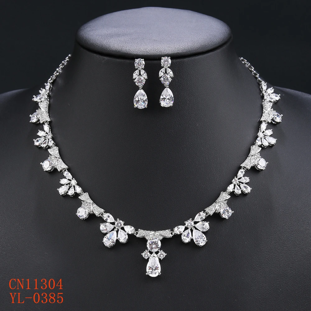 2 قطعة مجموعة مجوهرات الزفاف الفاخرة النسائية 5A تشيكوسلوفاكيا قطرة الماء مكعب زركونيا قلادة وأقراط 5A الصف اكسسوارات الزفاف #6