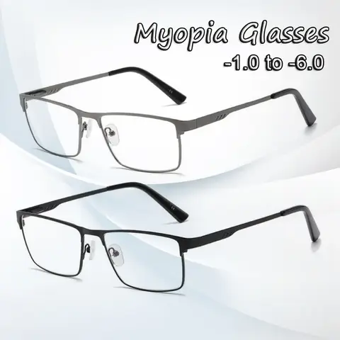 Men Square Metal Large Frame Myopia Glasses Spring Leg Elderly Near Sight Eyewear Blue Light Blocking Eye Protection Eyeglasses