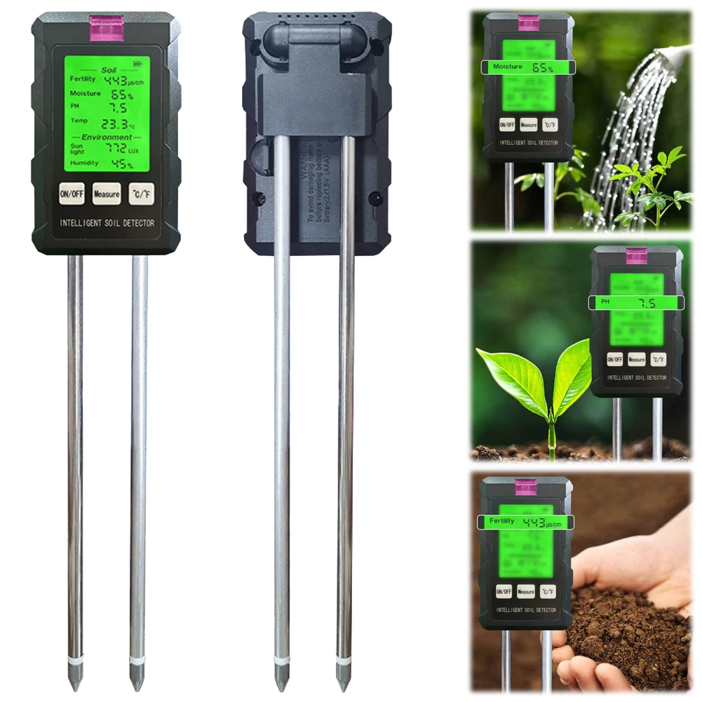 6 in 1 Digital Soil Tester Metal Sensor Prob Thermometer Hygrometer Soil PH Meter Soil Moisture Sensor for Garden Plants Flowers