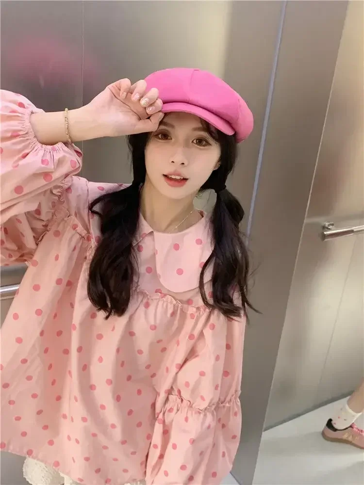 

Блузка с воротником Питер Пэн, пэчворк, с волнистым краем, модная, в стиле INS, 2026, с милым бантом, в горошек, с длинным рукавом, женская, осенняя, Lssw3