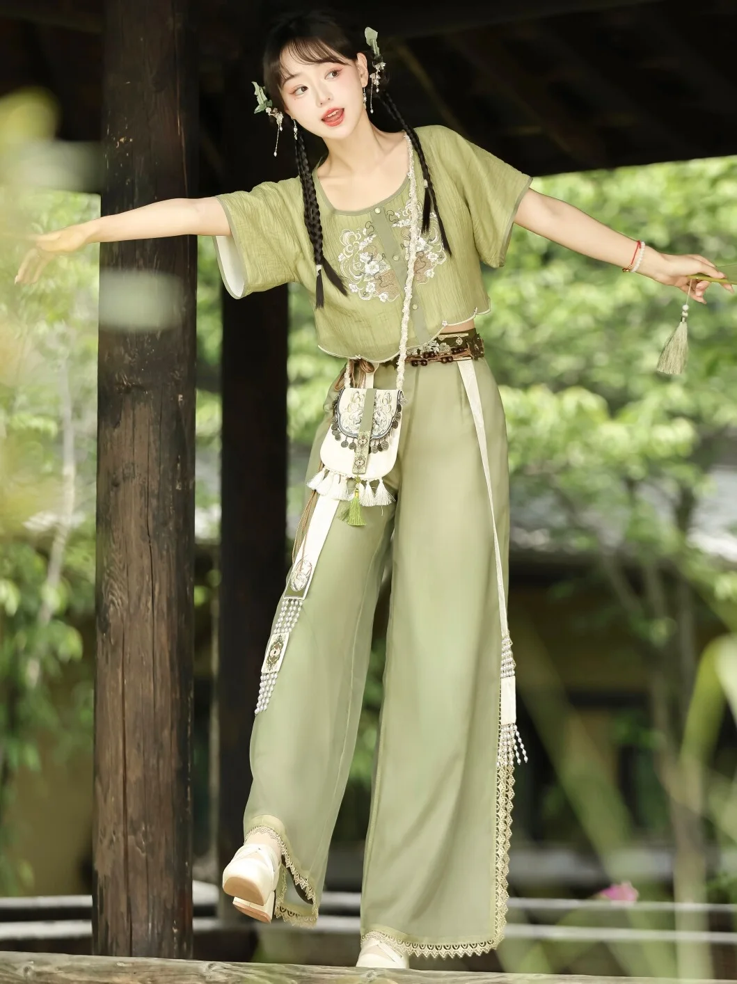 New Chinese Style Hanfu Short-Sleeved T-shirt Pants Suit Women