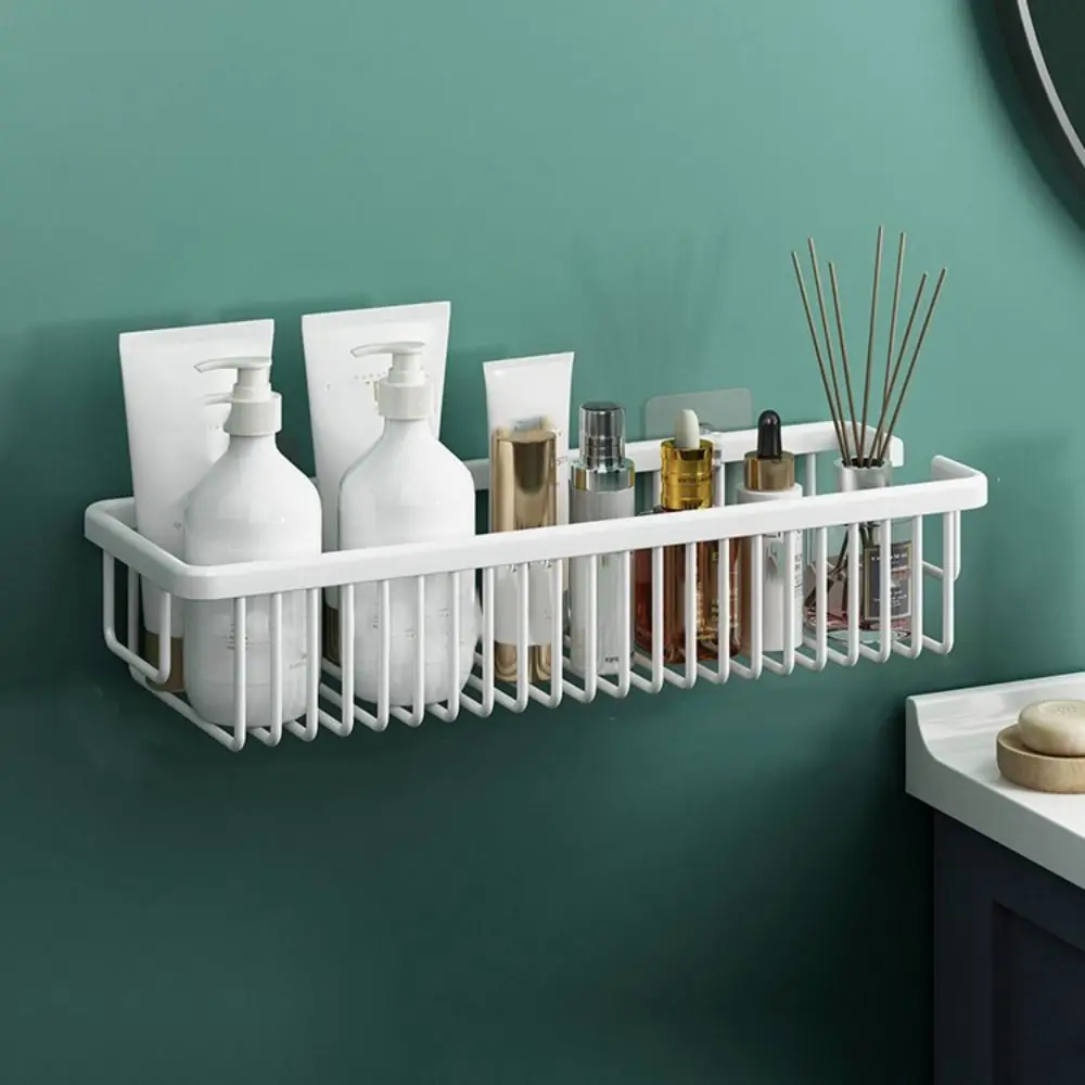 

Wall Mounted Bathroom Storage Rack Drainable Punch Free Cosmetics Storage Rack Rectangular Black/White Bathroom Storage Shelf