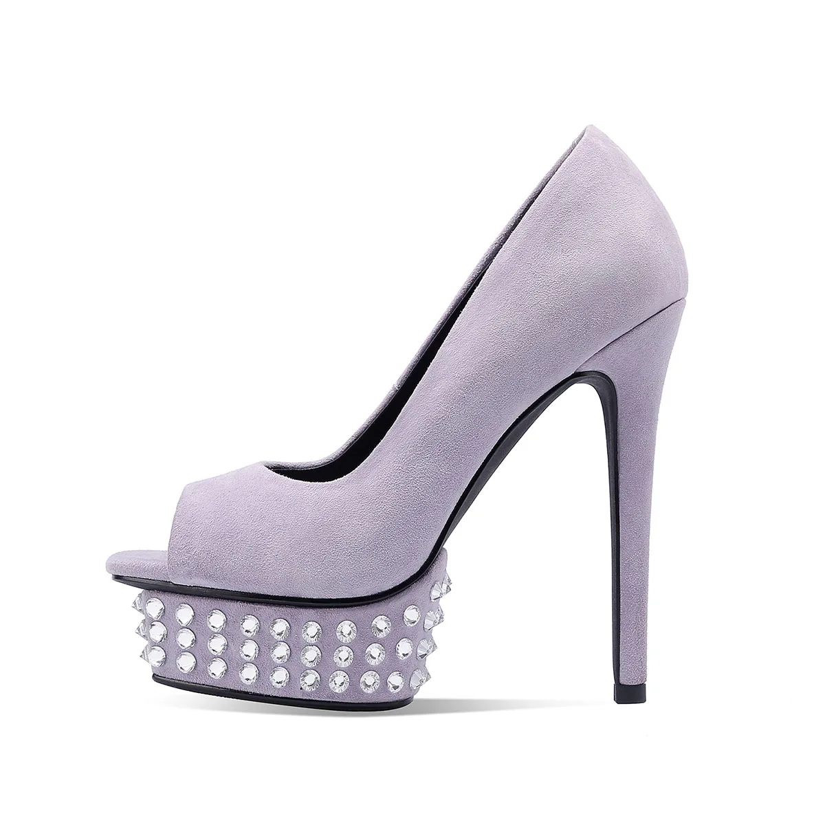 

Arden Furtado 2025 Summer Purple sheep suede rivet peep toe Pumps Round toe Platform Super high heel Single shoe Commuter shoes