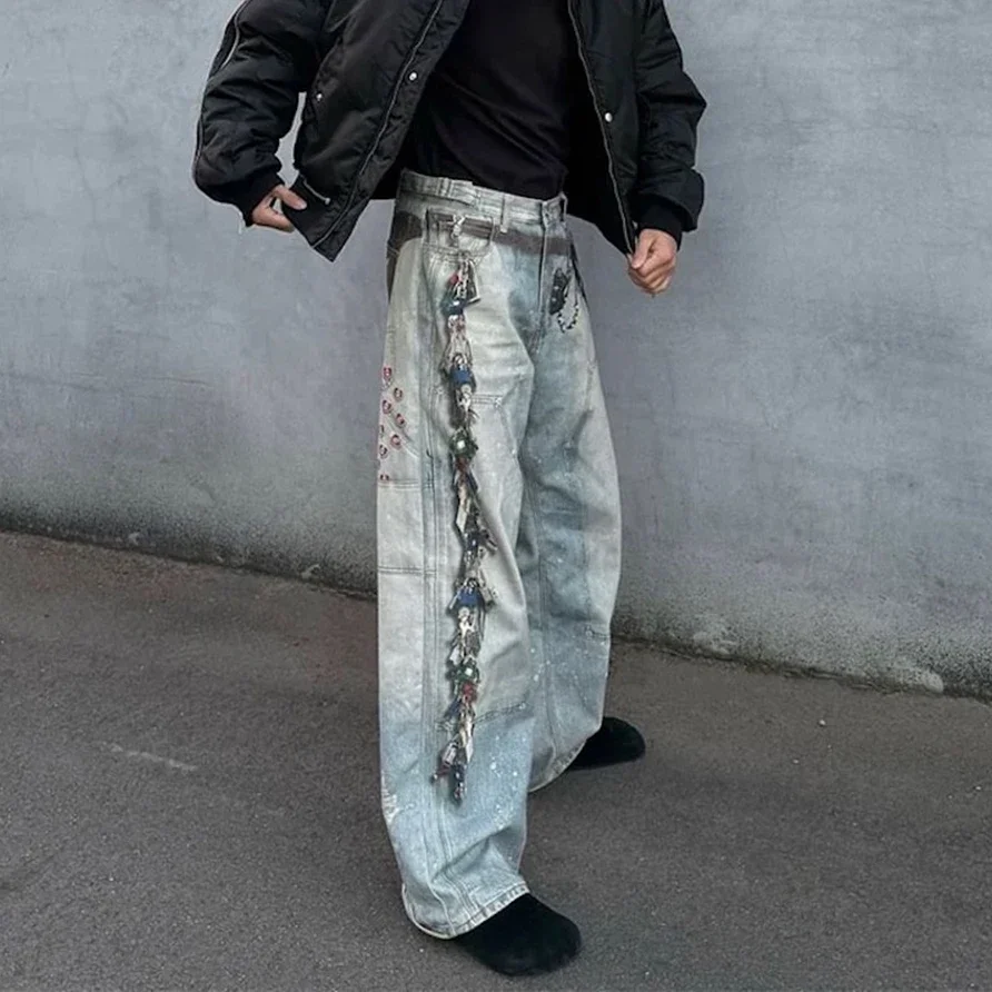 بنطال جينز Bagy مطبوع رقميًا على شكل قلب متعدد المفاتيح للرجال، بنطلون جينز فضفاض غير رسمي مغسول كبير الحجم