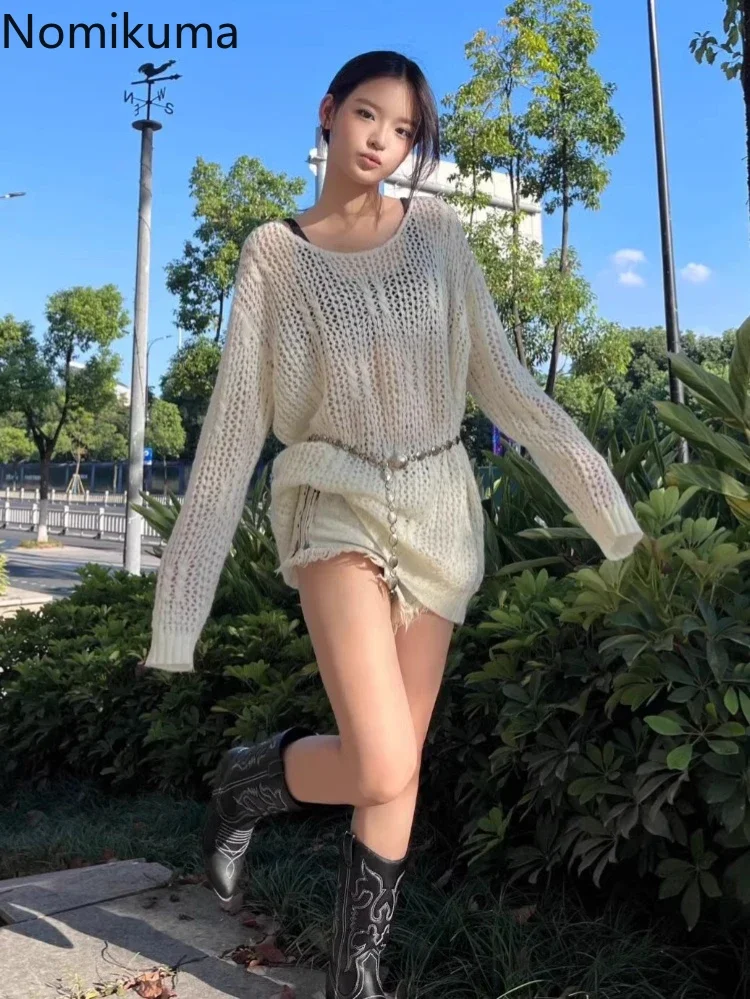 Gebreide Dunne Trui Dameskleding Sueter Mujer Hollow Out Jumper Pull Femme Fashion Casual See Through Sexy Y2k Truien