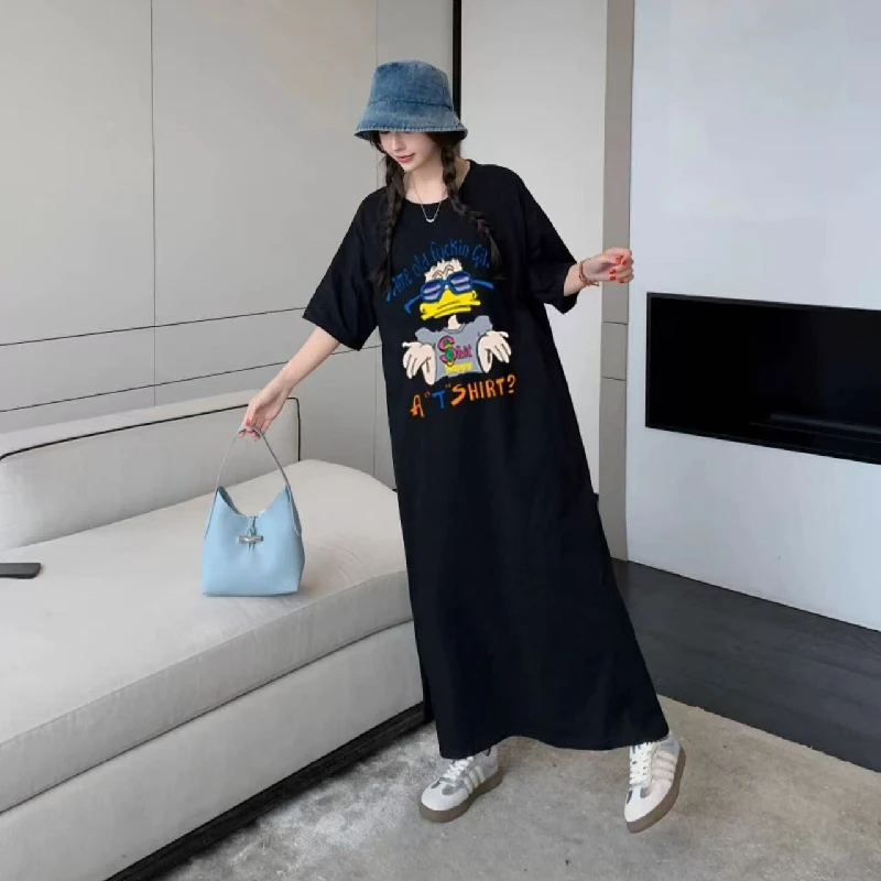 Loose Mid-Length T-Shirt Skirt with Slits Short Sleeve Korean Style Casual Summer Dress for Women in Their Twenties