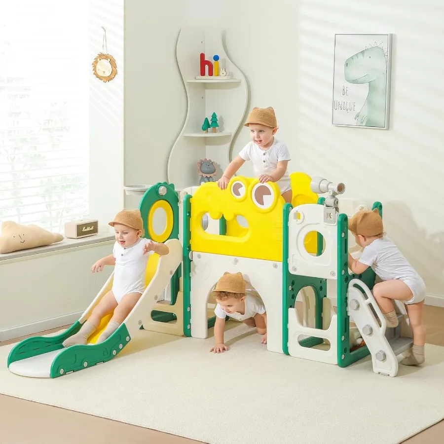 

Indoor Outdoor Toddler Slide 8 in 1 Foldable Playset for Ages 1-3 Extra-Long Slide with Basketball Hoop and Telescope Durable P
