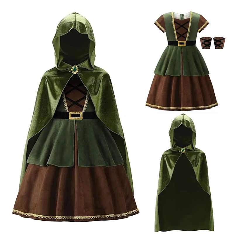Kids Medieval Hood Cloak Dress With Wrist Guards Girls Green Witch Wizard Elf Cosplay Costume Halloween Carnival Party Outfits