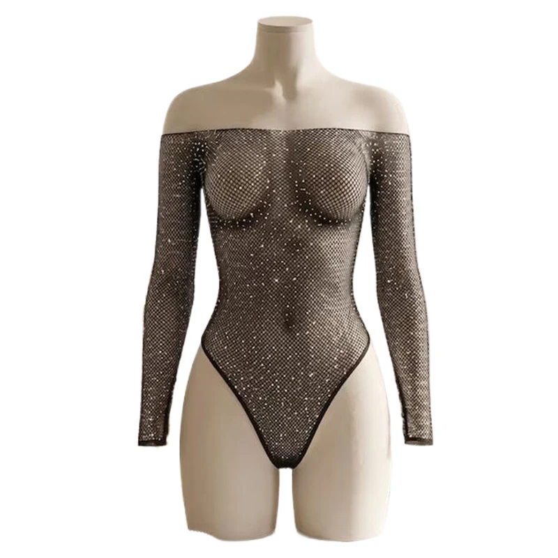 Damen Off-Shoulder Strass-Mesh-Bodysuit Transparenter Netz-Bodystocking Glitzerndes Oberteil Nachtclub Bühne Musikfestival Party-Outfits – Detail 5