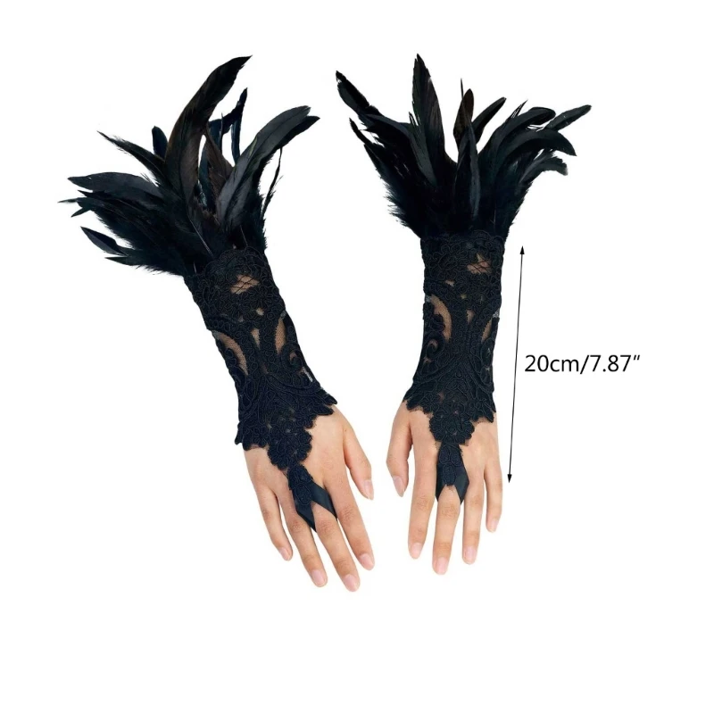 Guantes de Halloween con bordado de plumas, guante de encaje y anillo ajustable con pulsera larga, accesorios de boda para mujer