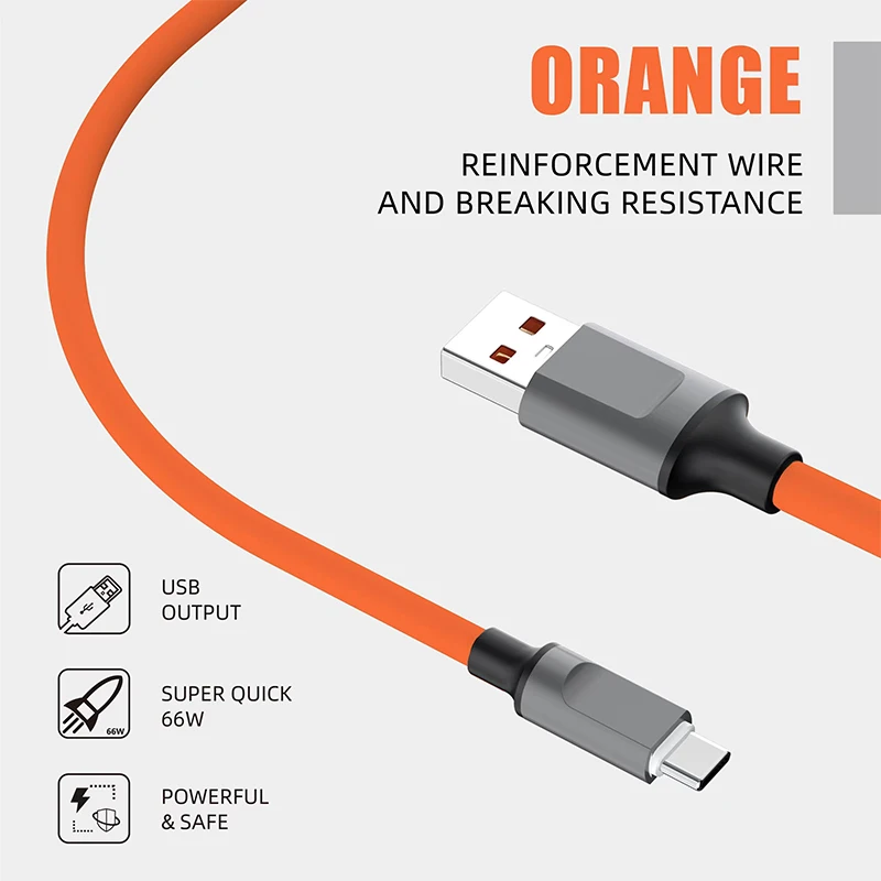 1m 120W USB To Type-C Liquid Silicone Cable PD Fast Charging Cable For Lightning Micro-USB For Iphone Android Smart Phone Orange