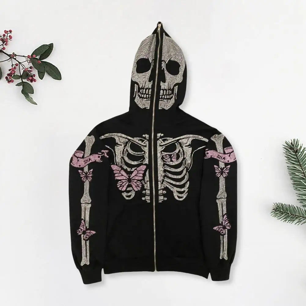 

Loose Fit Coat Rhinestone Ghost Skeleton Halloween Hoodie with Zipper Closure Pockets for Unisex Party Cosplay Costume Fall