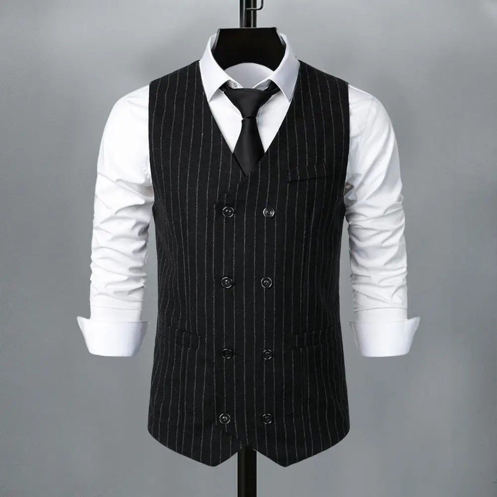 

Three-dimensional Pocket Vest Striped Print Double Breasted Men's Suit Vest Vintage Style Waistcoat for Wedding Business