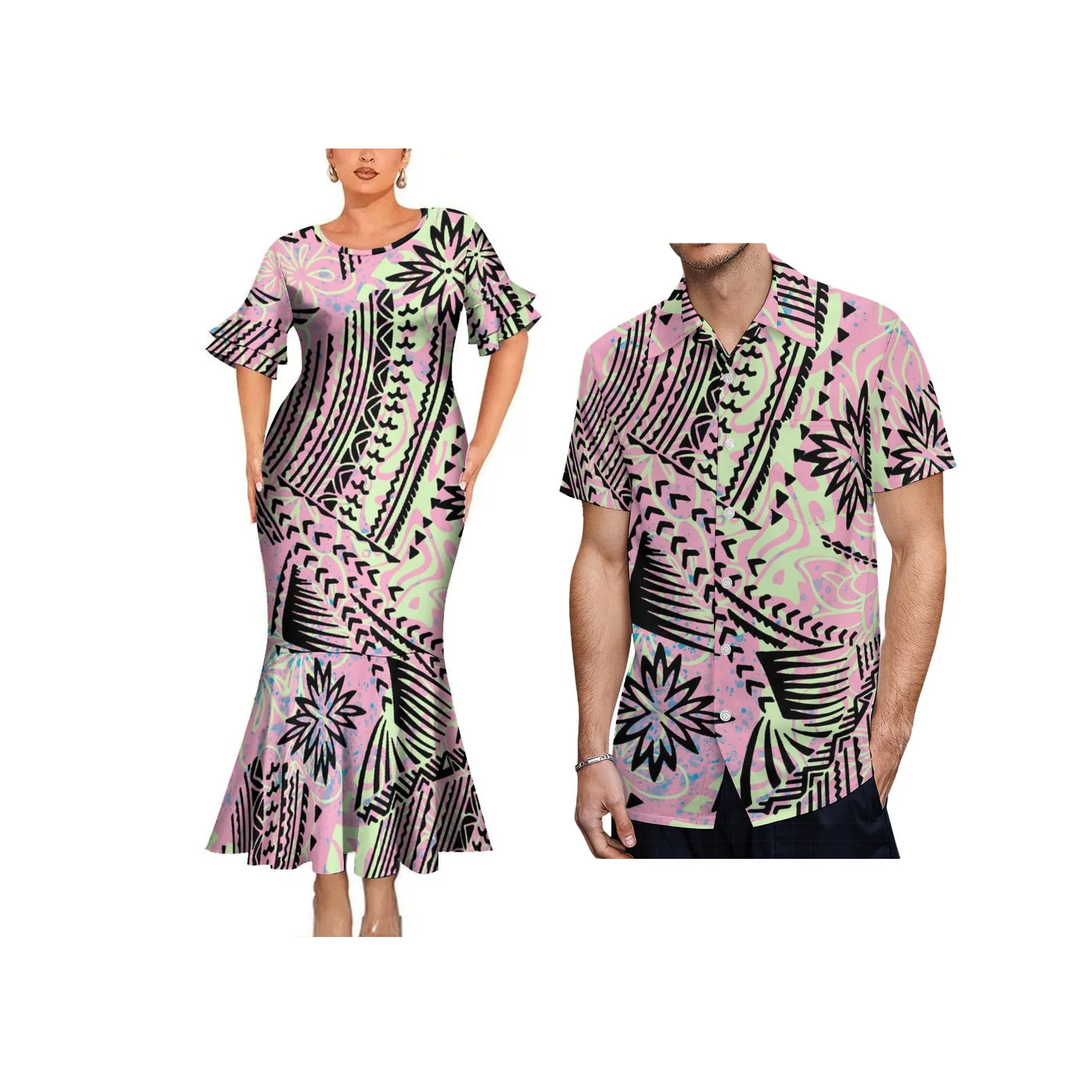 

Factory Wholesale Custom Crew Neck Petal Sleeve Mermaid Dress Hawaii Polynesian Tribal Long Party Evening Dress Gowns