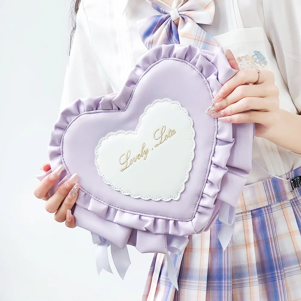 College Style Cute Girly Kawaii Bag Cosplay Lolita Sweet Loli Heart Shape Ruffled Bow Ribbon Zipper Pu Messenger Handbag