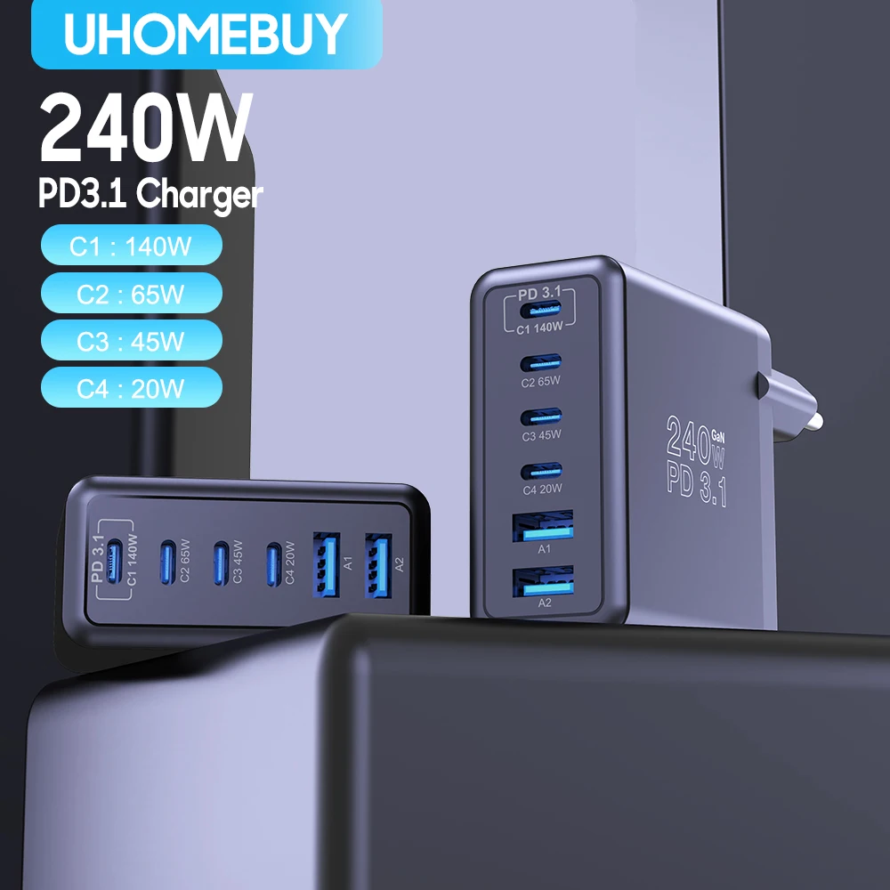 Caricatore GaN da 240 W USB Tipo C PD3.1 Ricarica rapida per MacBook Ricarica rapida 4.0 3.0 Caricatore per telefono USB per iPhone Xiaomi Tablet Laptop