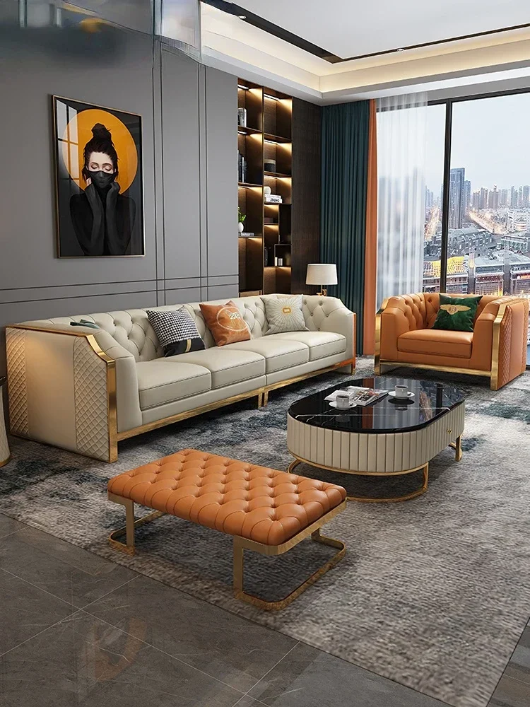 Custom light luxury leather sofa head cowhide living room Upscale atmosphere modern simple small apartment combination