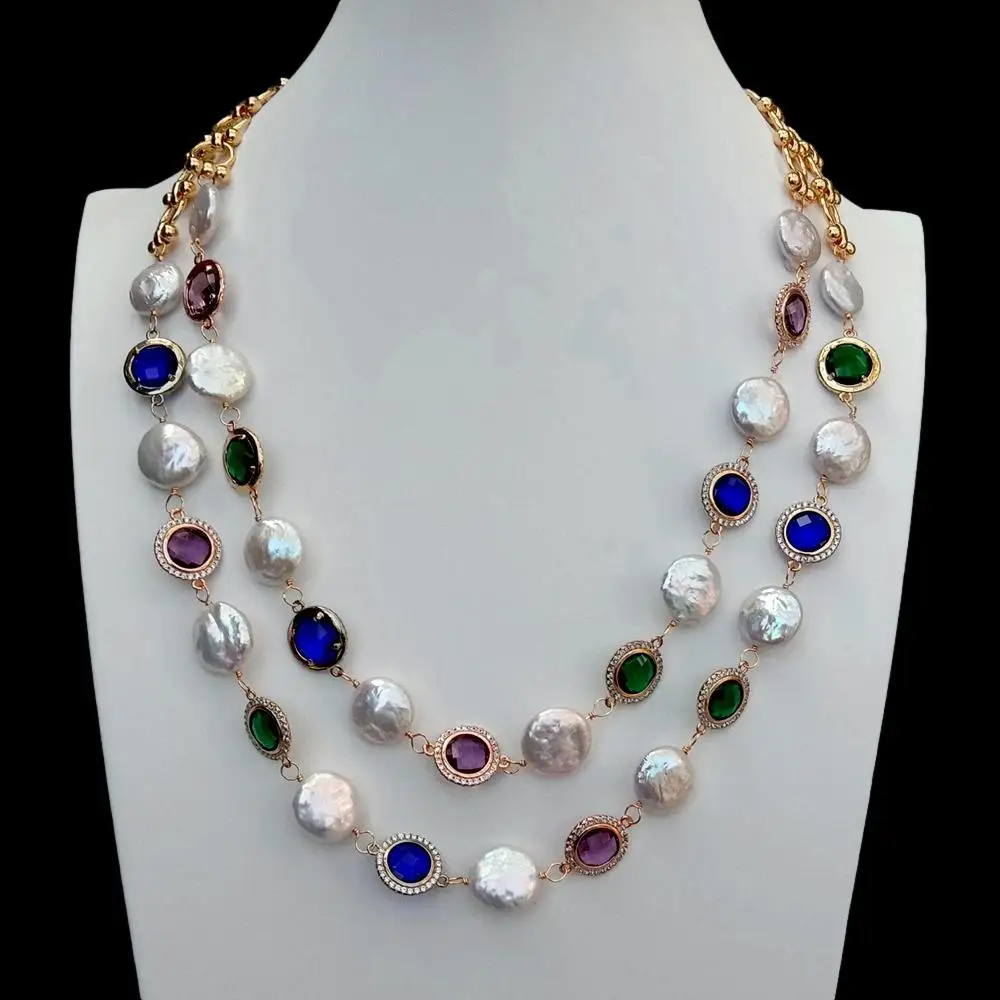 Y.YING 2 Rows Cultured White Coin Pearl Necklace Multi Color Crystal Gold Color Metal Chain Choker Jewelry