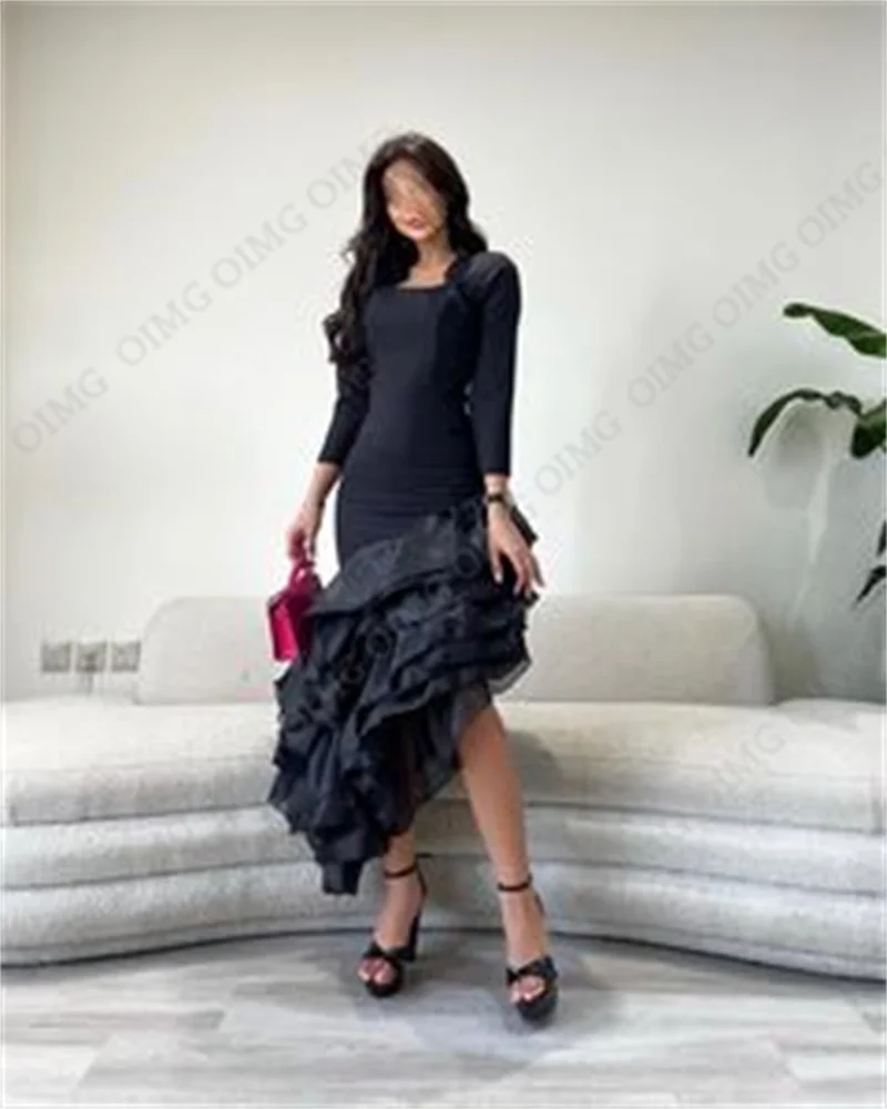 OIMG-Vestidos de noite com gola quadrada, Cetim, Organza, Tornozelo, Praia, Árabe, Vestido para ocasiões formais, Preto, Novo, 2023