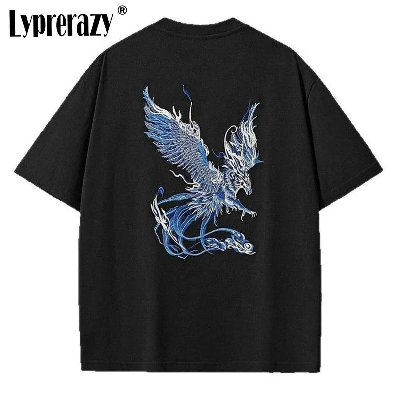 

Lyprerazy Original Chinese Style Phoenix Embroidery Short-sleeved Men's T-shirt Summer National Tide Cotton Loose Tee Shirt