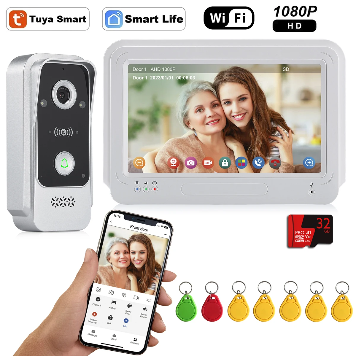 

Wifi Video Intercom Doorbell System, Smart Video Door Phone With Monitor, 1080P Camera Touch Screen IC Card Tuya APP Unlock