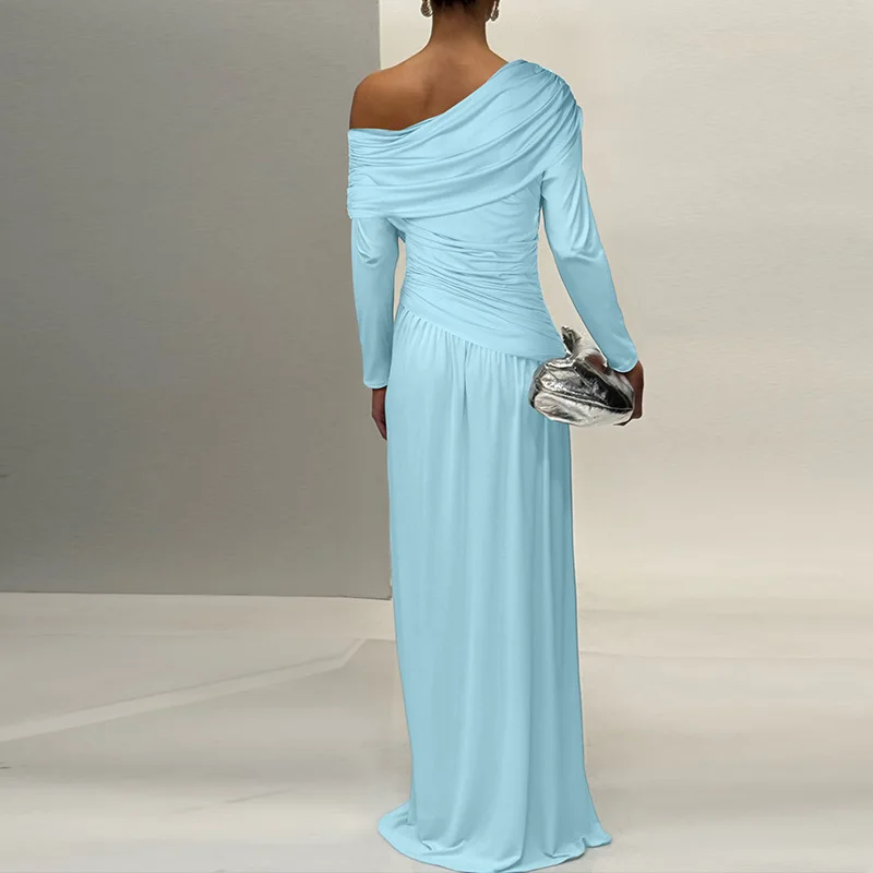 HKSH Frühling Sommer Neue frauen Kleid Asymmetrische Off-schulter Lange Ärmel Plissee Slim Fit Einfarbig Elegante Kleider HK17226