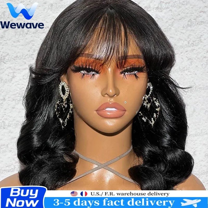 

Body Wave Wig Bob with Bangs 1B Black Wig Full Machine Made Soft Natural Look Brazilian Wigs Original