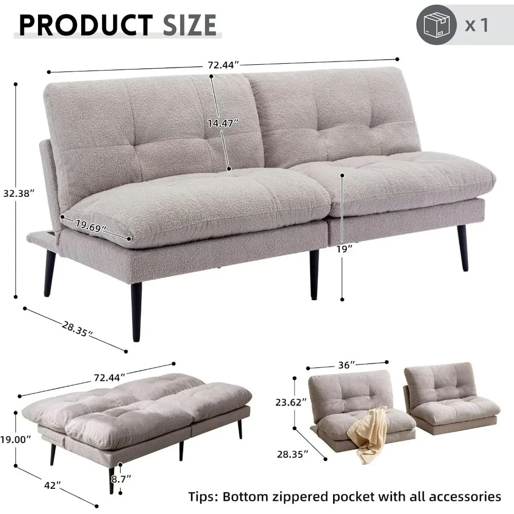 Sofa Bed, Convertible Sleeper Futon Couch Bed Adjustable Backrest Couch Splitback Small Loveseat Modern Sofa, Living Room Sofas