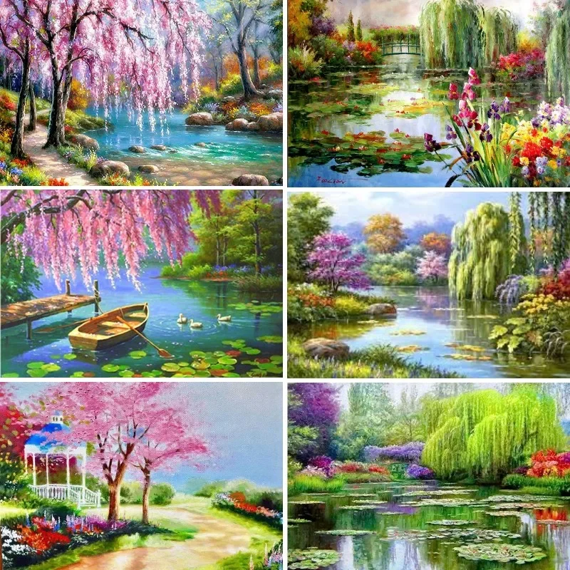 The Willow Pond Spring Scenery Diamond Painting Kits for Adults Beginners, DIY 5D ,Diamond Art Kits,Full Drill Diamond Dots